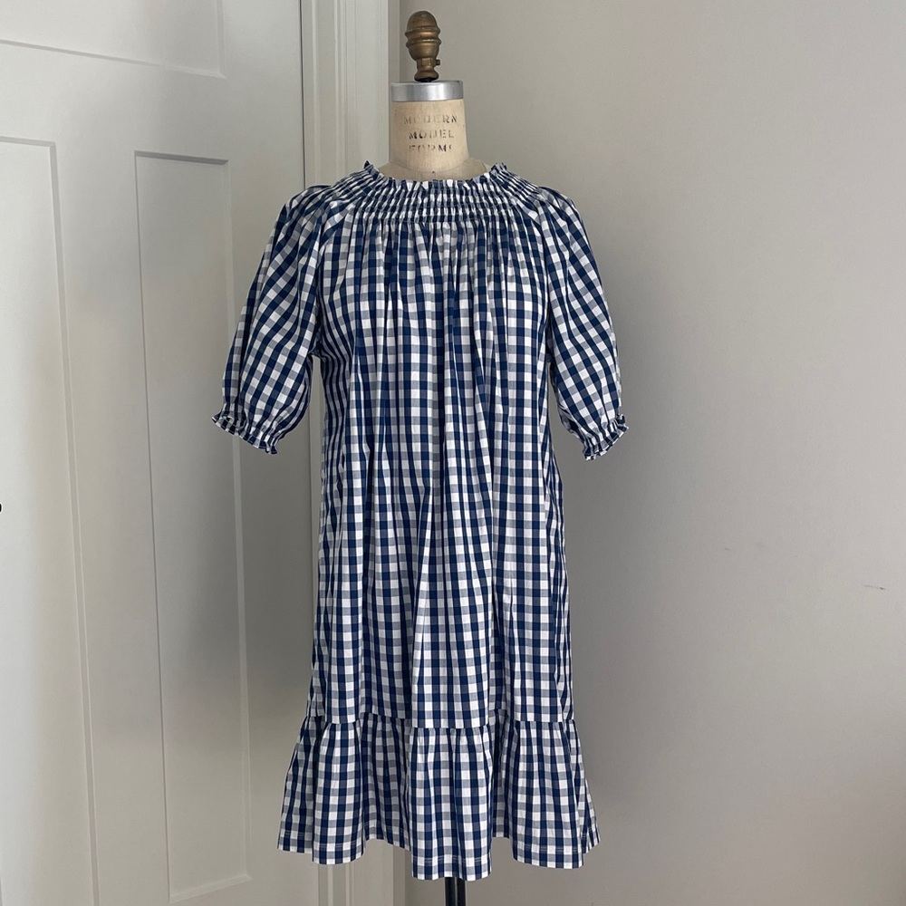 LAKE Navy & White Veranda Gingham Women’s Puff Sleeve Dress Size M